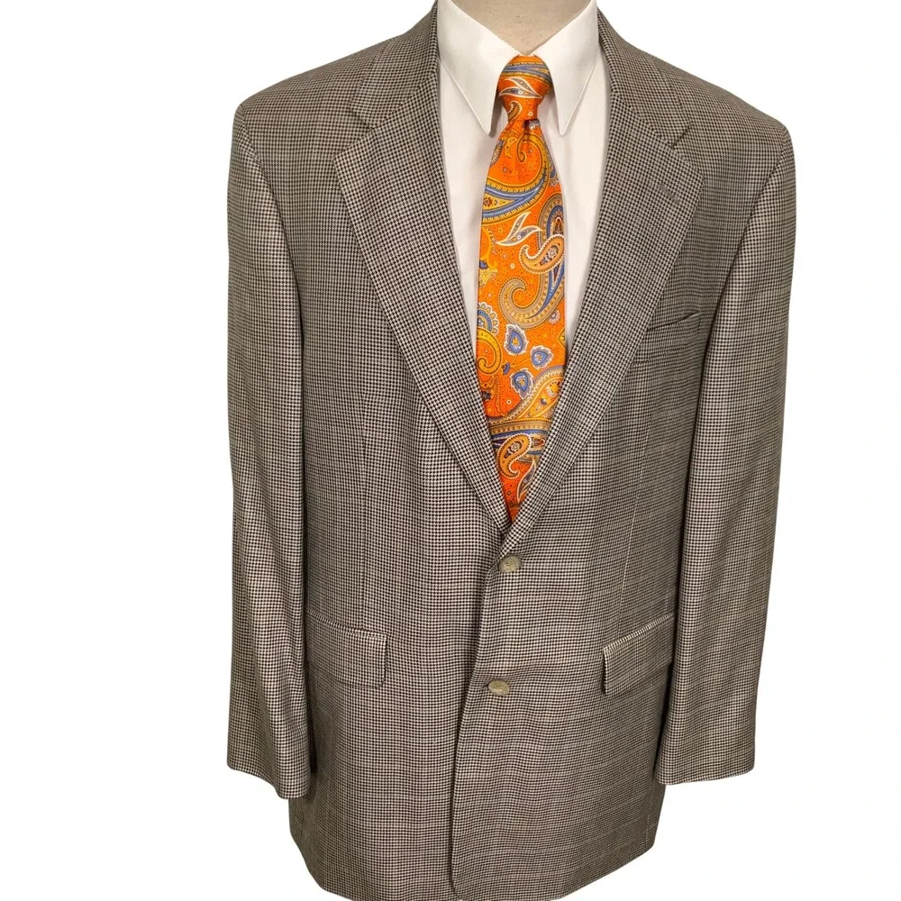 Meeting Street Sport Coat Mens 42L Tan Silk Wool Houndstooth Blazer Corporate